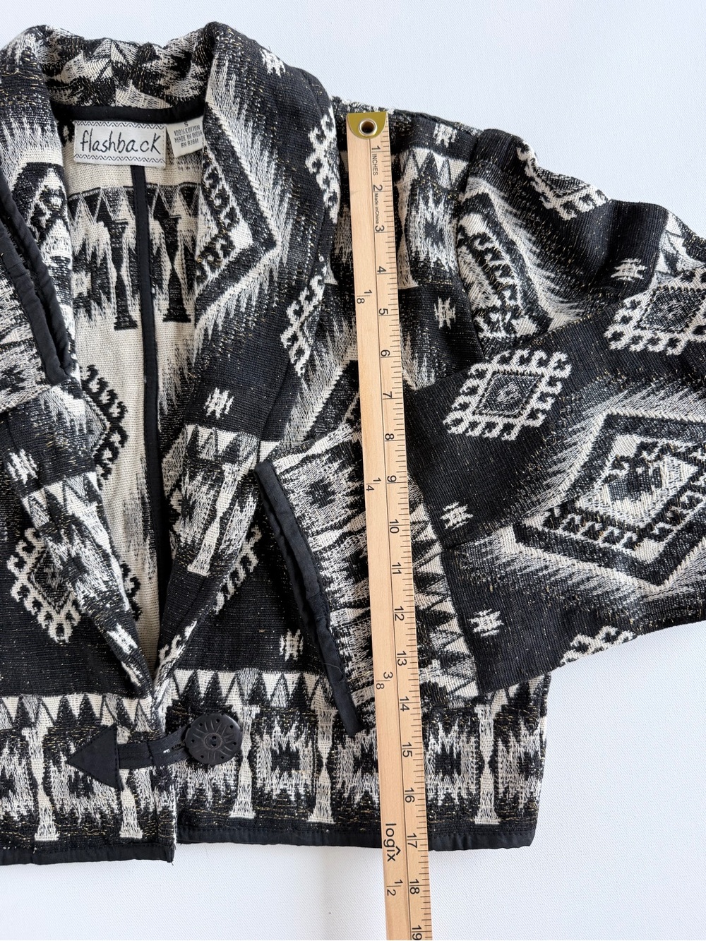 Vintage 90s Flashback Tapestry Jacket S Black White Gold Western Cropped - Picture 7 of 12